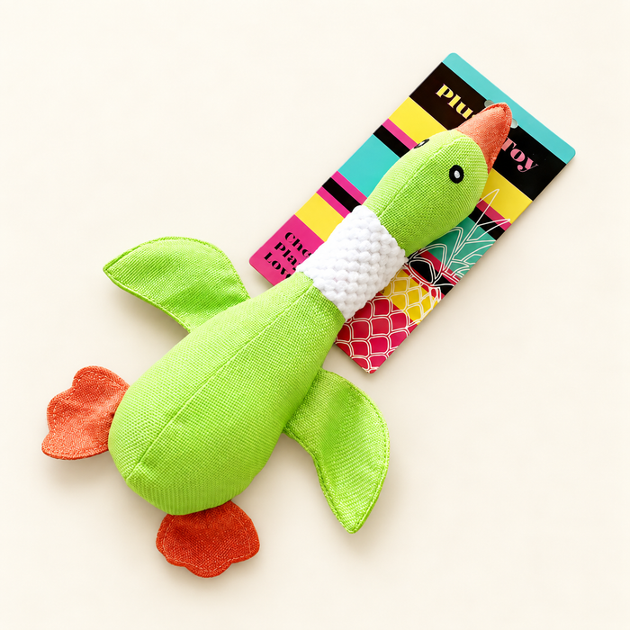 Green plush duck dog toy with original colourful product card on ivory surface