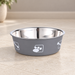 Grey pet bowl with a stainless steel interior and white paw and bone motifs on an ivory floor.