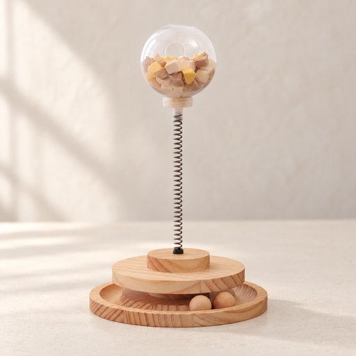 Wooden cat treat dispenser with clear globe and spring above a circular ball track
