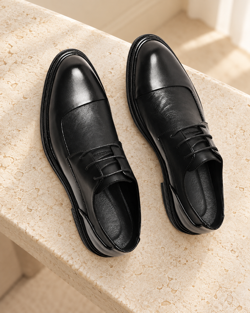 Pair of black lace-up dress shoes with curved toe seams on a pale stone bench.