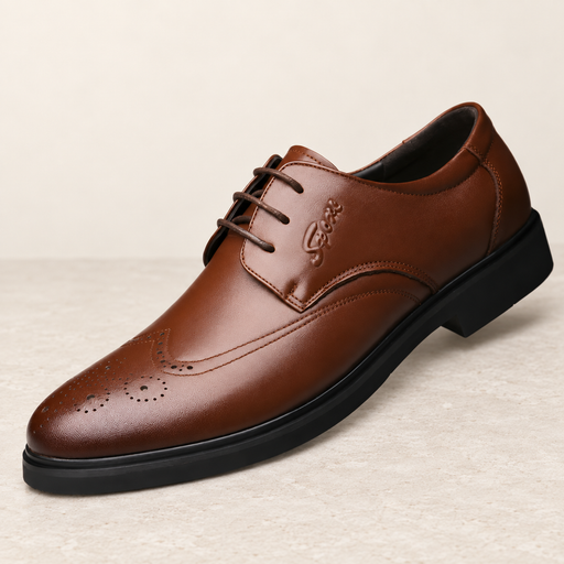 Brown brogue shoe with embossed side mark on ivory stone