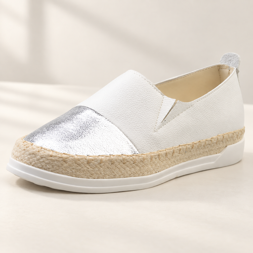 White slip-on loafer with a silver toe panel and woven midsole
