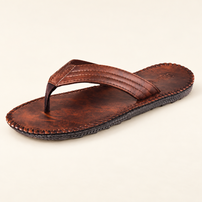 Brown stitched flip-flop on ivory surface