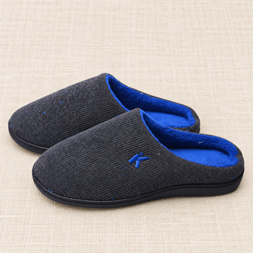 Dark grey slippers with blue lining and blue applique on ivory linen