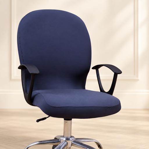 Navy chair cover fitted over an office chair in an ivory interior