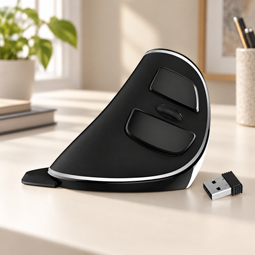 Black vertical mouse with white trim and USB receiver on an ivory desk.