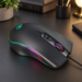 Black gaming mouse with multicolour lighting on a dark desk.