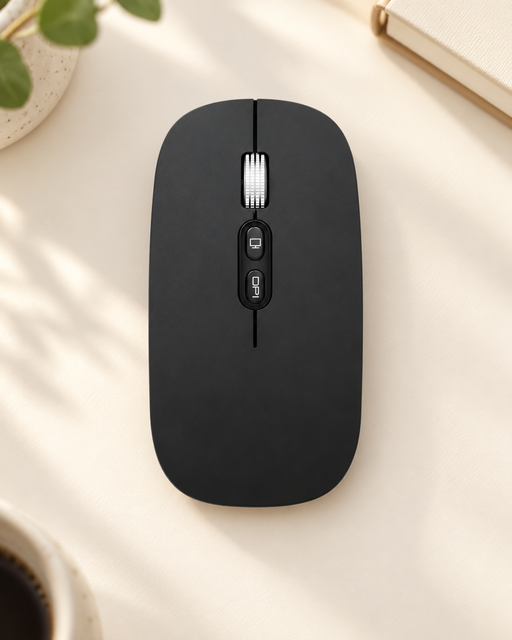 Black wireless mouse with silver scroll wheel on an ivory desk.