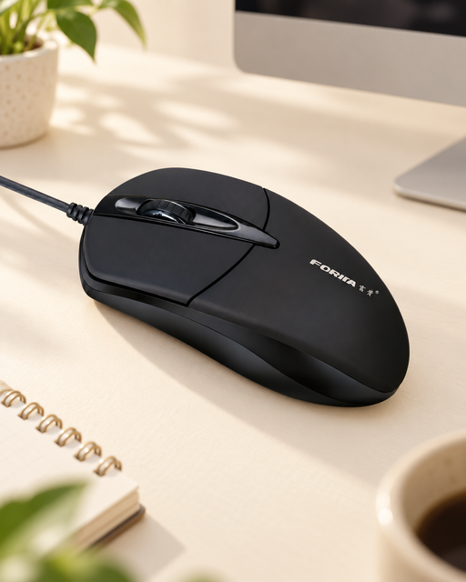 Black wired mouse on a warm ivory desk beside a monitor.