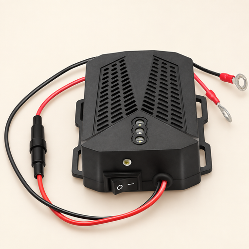 Black ultrasonic device with red and black cables on ivory surface