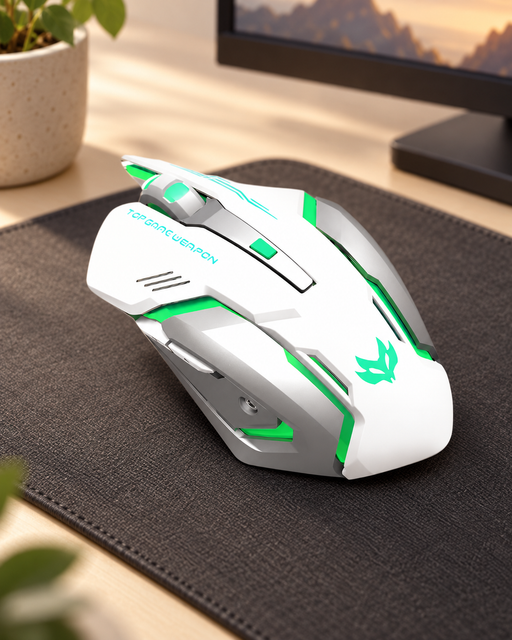 White and green gaming mouse on a dark desk mat.