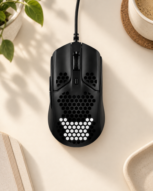 Black perforated wired gaming mouse on an ivory desk.
