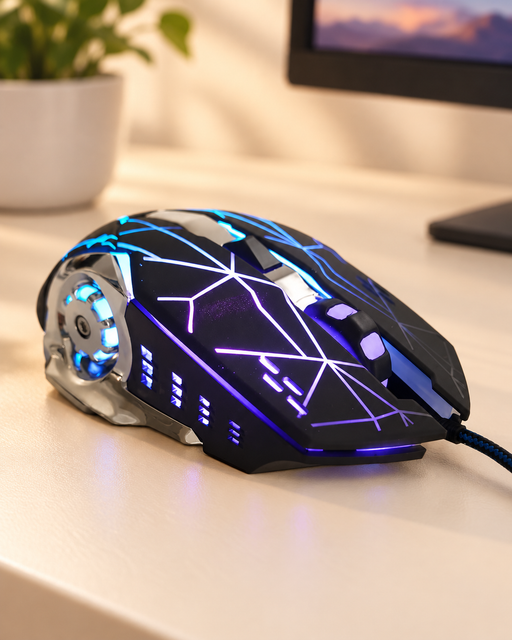 Black gaming mouse with blue and purple lighting on an ivory desk.