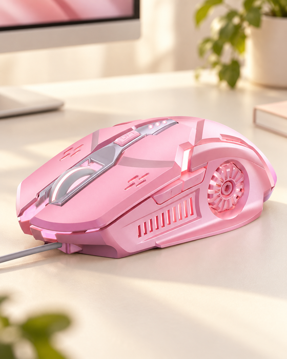Pink wired gaming mouse on an ivory desk.