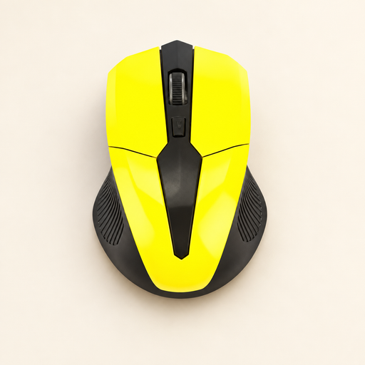 Yellow and black wireless mouse on warm ivory surface