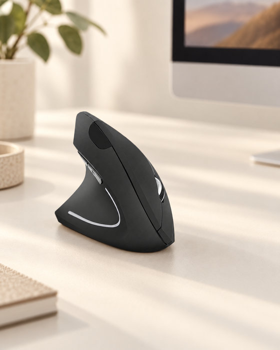 Black vertical ergonomic mouse with silver accents on an ivory desk.