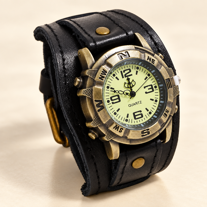 Antique brass-tone watch with black leather cuff on ivory surface