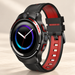 Black and red smartwatch on ivory surface