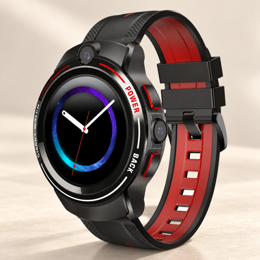 Black and red smartwatch on ivory surface
