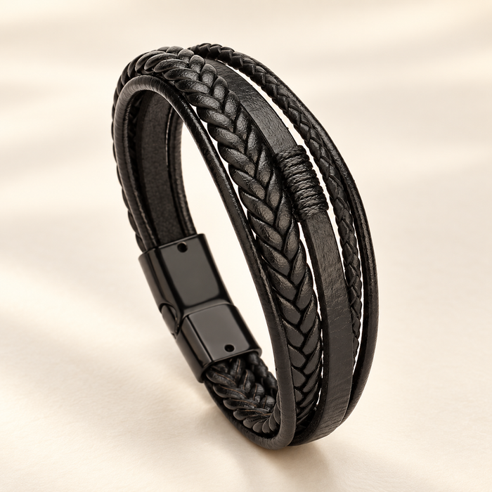 Black multi-strand leather bracelet on ivory surface