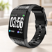 Black sports smartwatch with textured strap on an ivory surface.