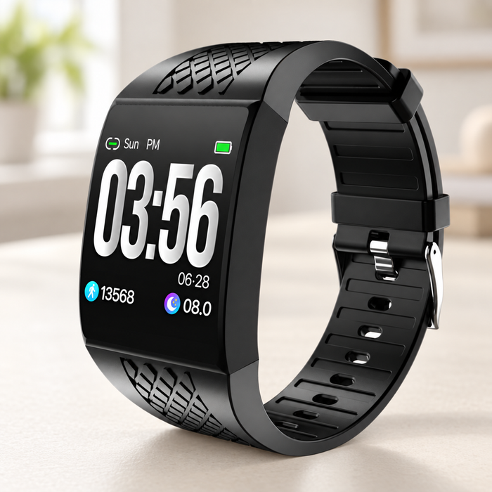 Black sports smartwatch with textured strap on an ivory surface.