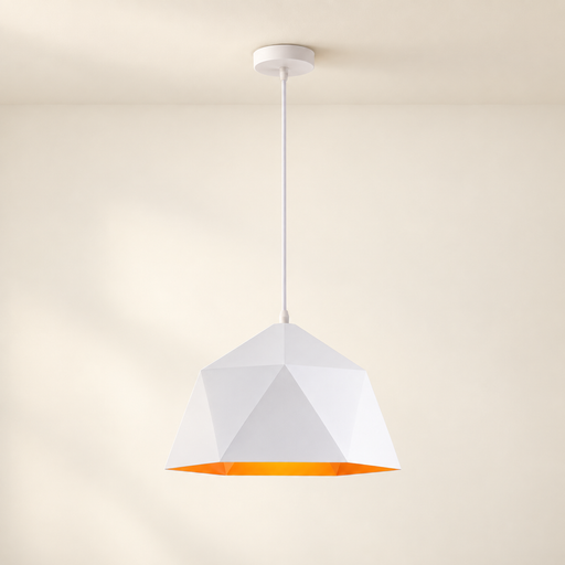 White faceted pendant light with orange interior against ivory room