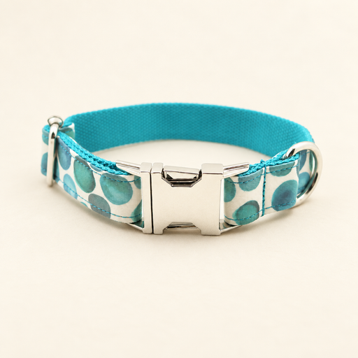 Turquoise polka-dot pet collar with silver metal buckle