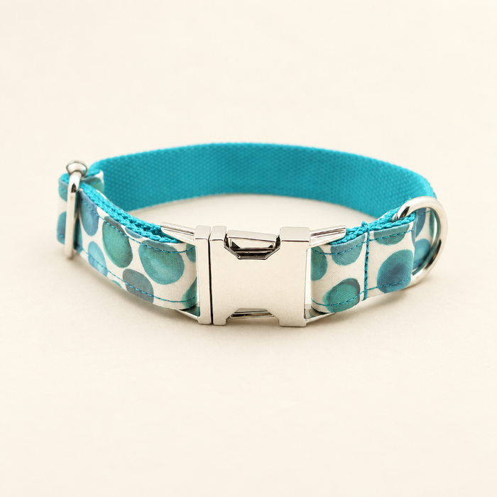 Turquoise polka-dot pet collar with silver metal buckle