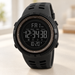 Dark digital sports watch with a coffee-coloured dial ring.