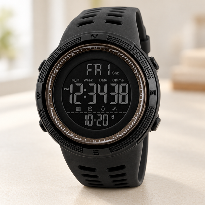 Dark digital sports watch with a coffee-coloured dial ring.