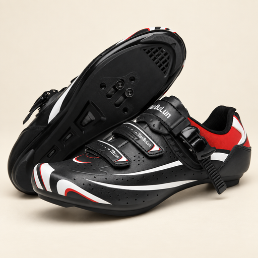 Black red and white cycling shoes with exposed sole on ivory stone
