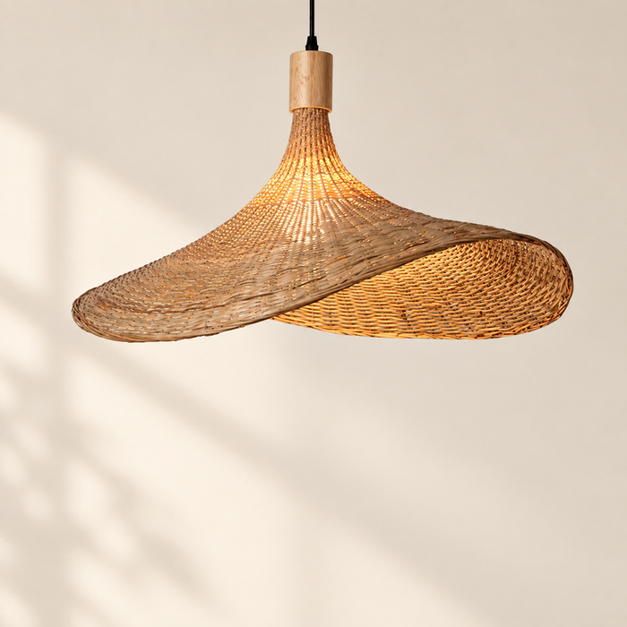 Woven bamboo pendant lamp with asymmetric shade in ivory interior