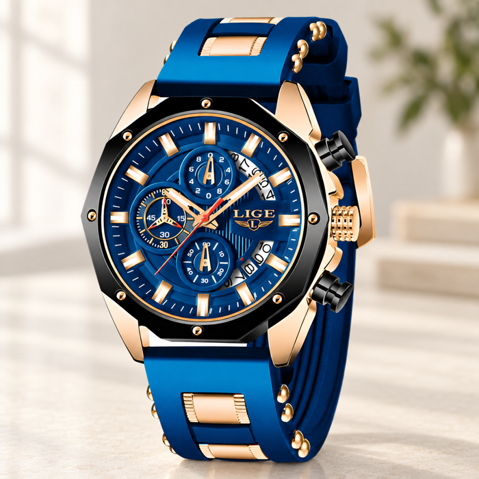 Blue and gold watch with a black bezel and three small dial displays.