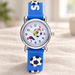 Blue football-themed watch with a silver case and colourful hands.