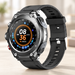 Black and silver smartwatch with docked earbuds and an orange digital display.