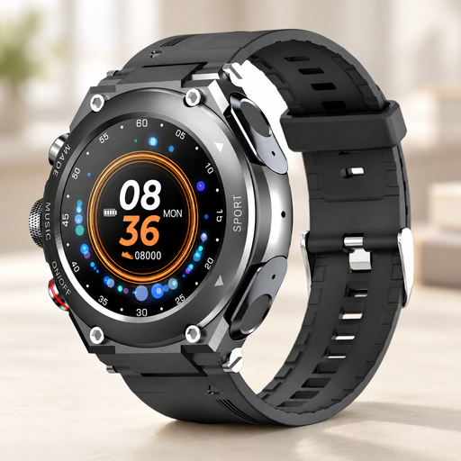 Black and silver smartwatch with docked earbuds and an orange digital display.
