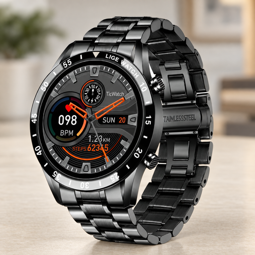 Black metal bracelet watch with grey and orange dial graphics.