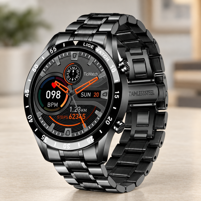 Black metal bracelet watch with grey and orange dial graphics.