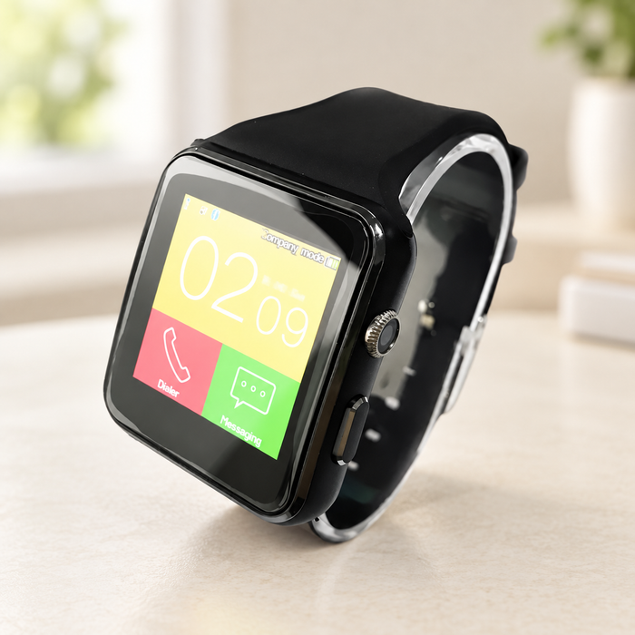 Black rectangular smartwatch with a colourful calling and messaging display.