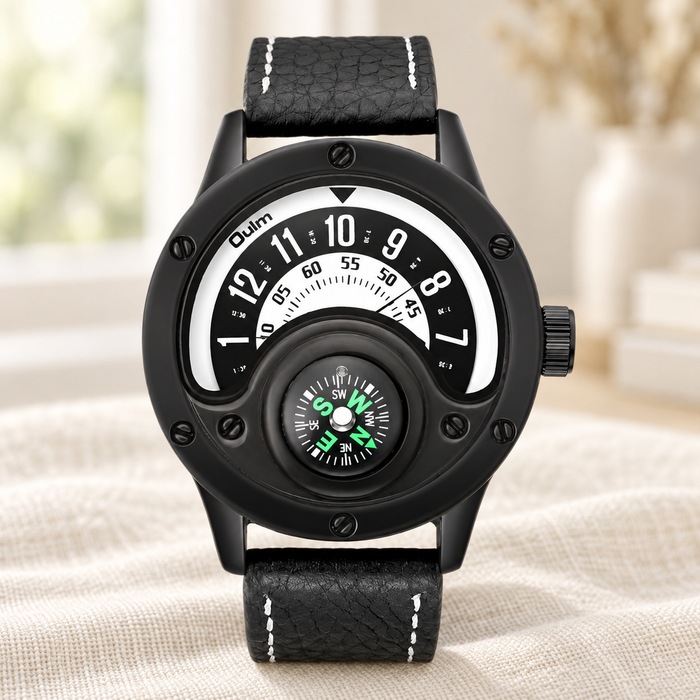 Black leather-strap watch with a fan-shaped dial and green compass markings.