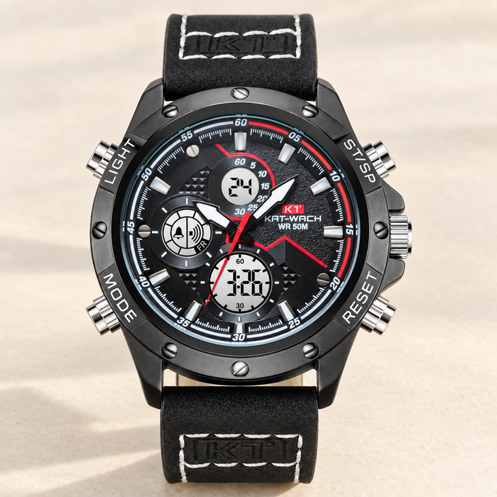 Black multifunction watch with white stitching displayed on an ivory surface.