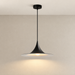 Black flared pendant lamp with its ceiling canopy in a neutral interior.