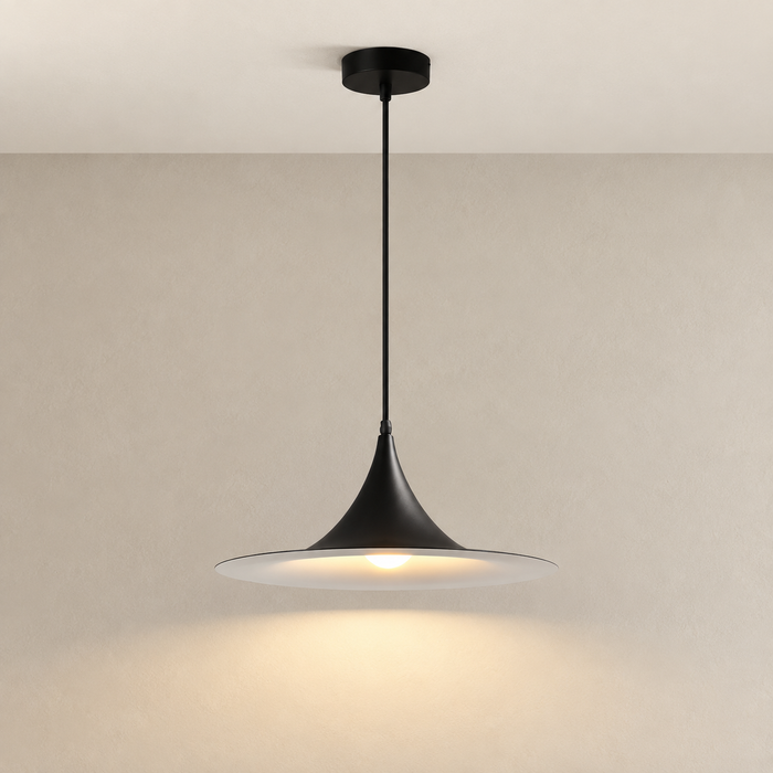 Black flared pendant lamp with its ceiling canopy in a neutral interior.