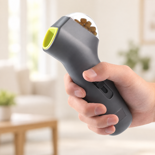 Grey treat launcher held in a hand in a softly lit neutral interior.