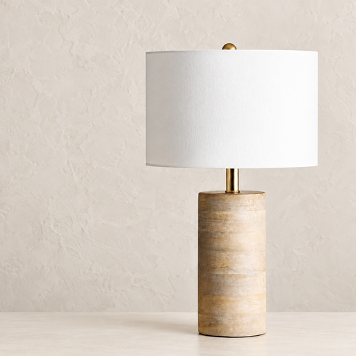 Wood-base table lamp with white drum shade