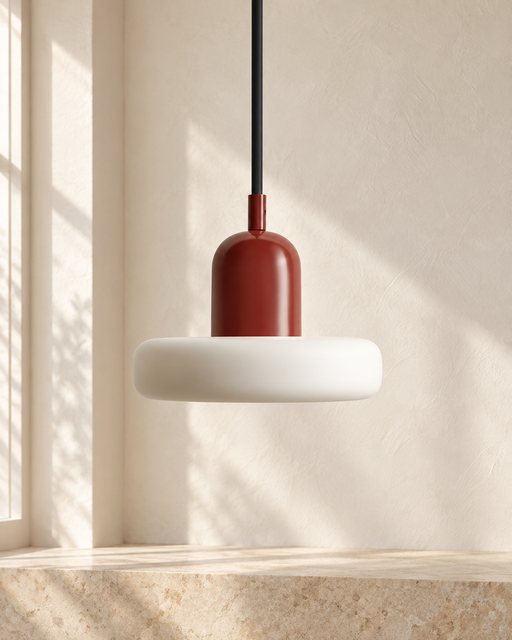 Burgundy and ivory pendant lamp in a softly lit ivory interior.