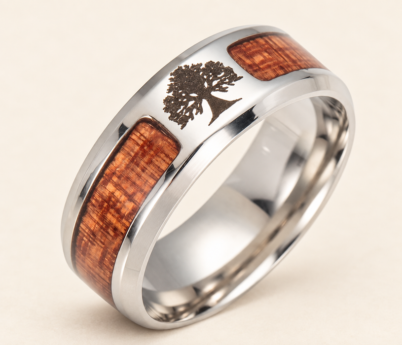 Silver-tone ring with wood inlays and tree engraving
