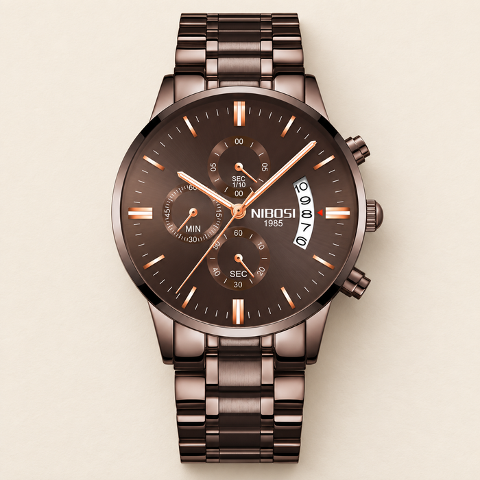 Brown metal chronograph watch on ivory surface