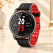 Black and red round smartwatch on ivory surface